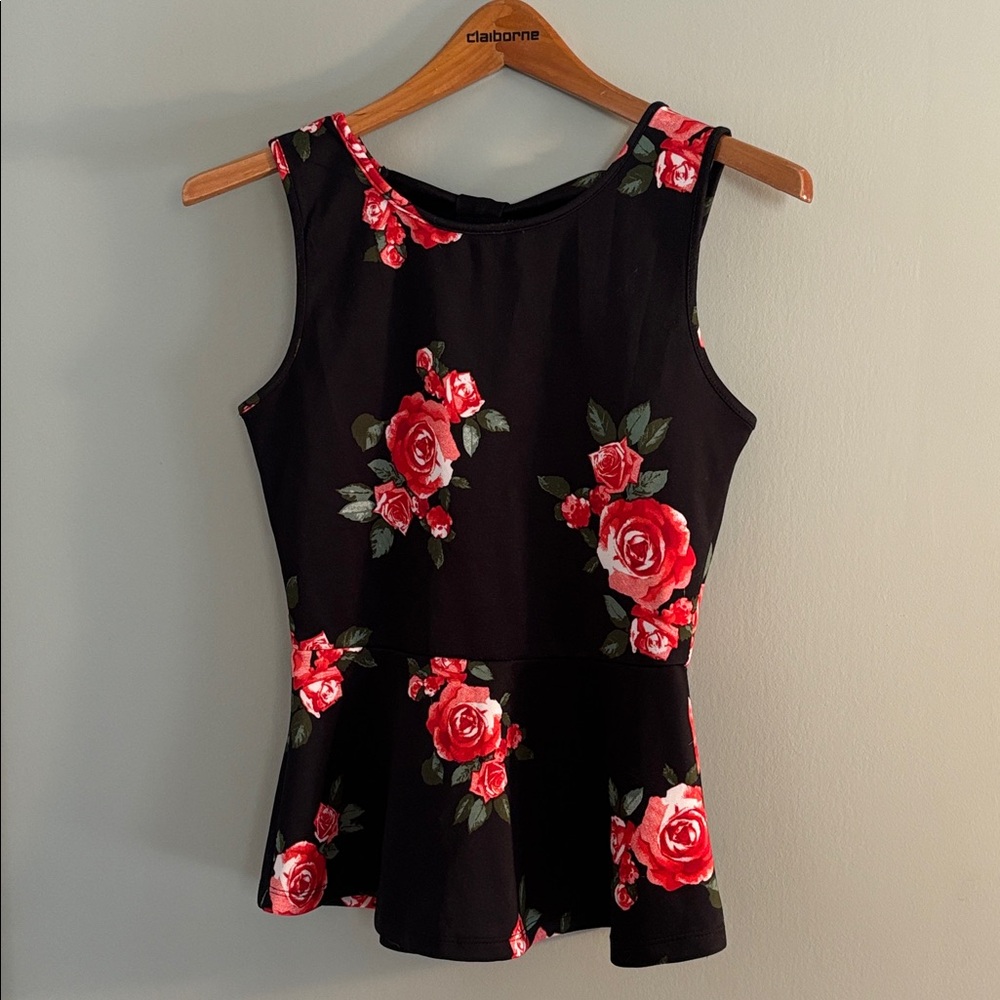 Forever 21 Vintage Black Red Floral Peplum Top Blouse Bow Women’s Size Small S